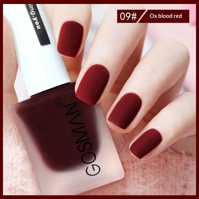 13ml quick-dry matte nail polish bottle with non-peel formula in 46 colour shades including matte black and ox blood red