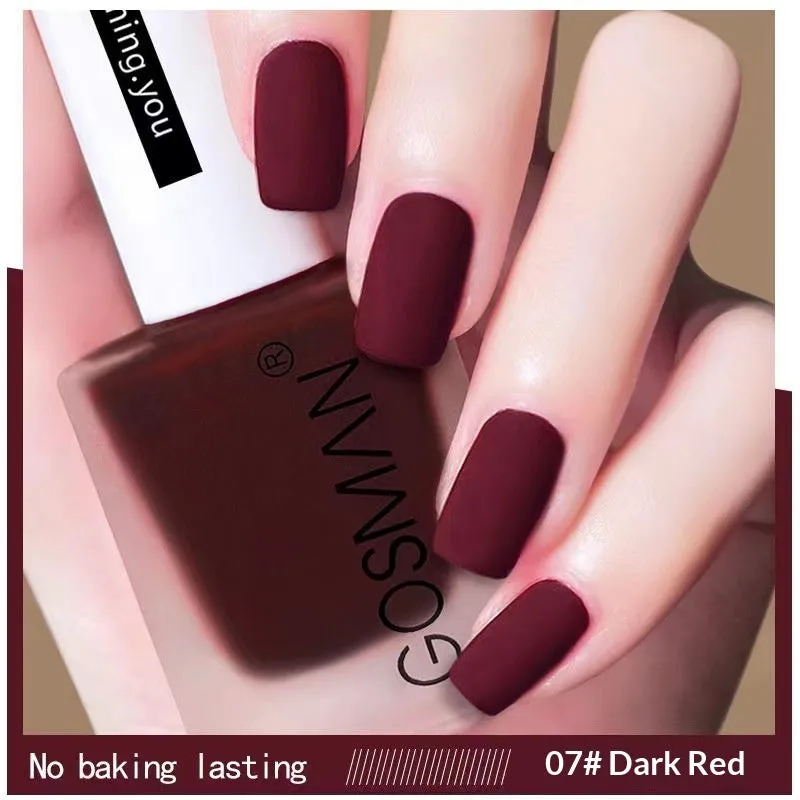 13ml quick-dry matte nail polish bottle with non-peel formula in 46 colour shades including matte black and ox blood red