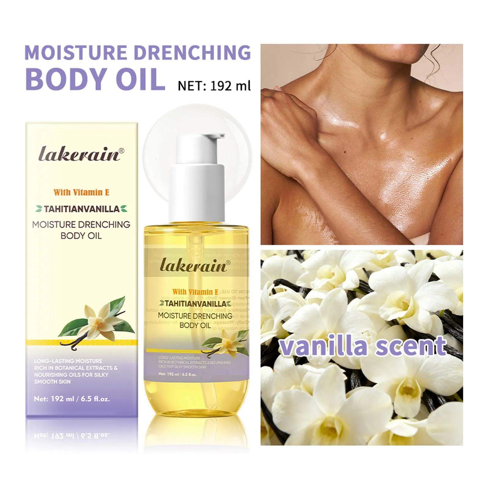 Vanilla flavoured moisturizing body oil in 192ml bottle for all skin types
