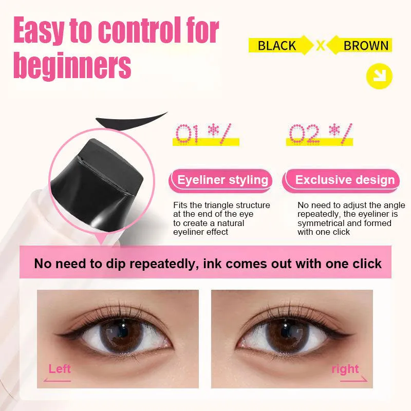All-in-one makeup eyeliner stamp pen in black with a wing stamp tip and cap