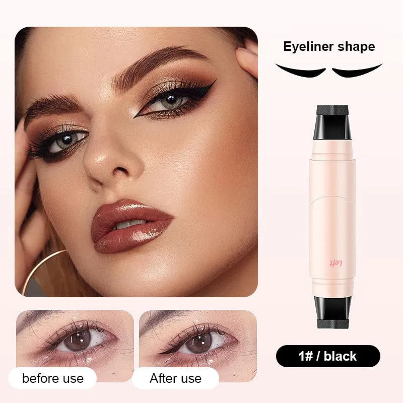 All-in-one makeup eyeliner stamp pen in black with a wing stamp tip and cap