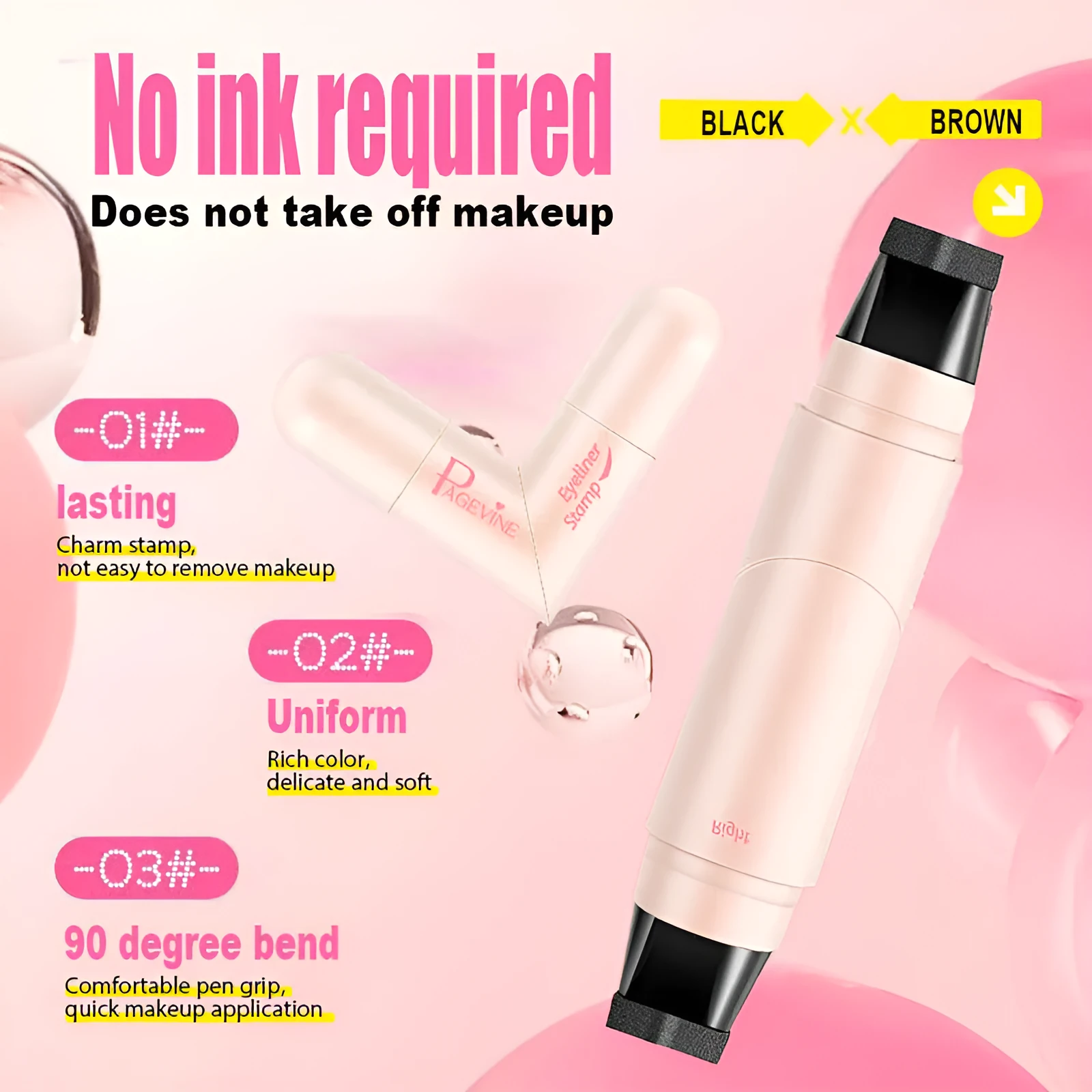 All-in-one makeup eyeliner stamp pen in black with a wing stamp tip and cap