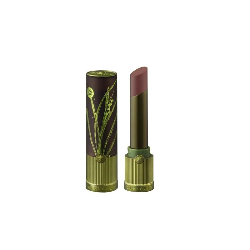 Matte natural brown lipstick in nude earth tone shade with long-lasting formula on a white background