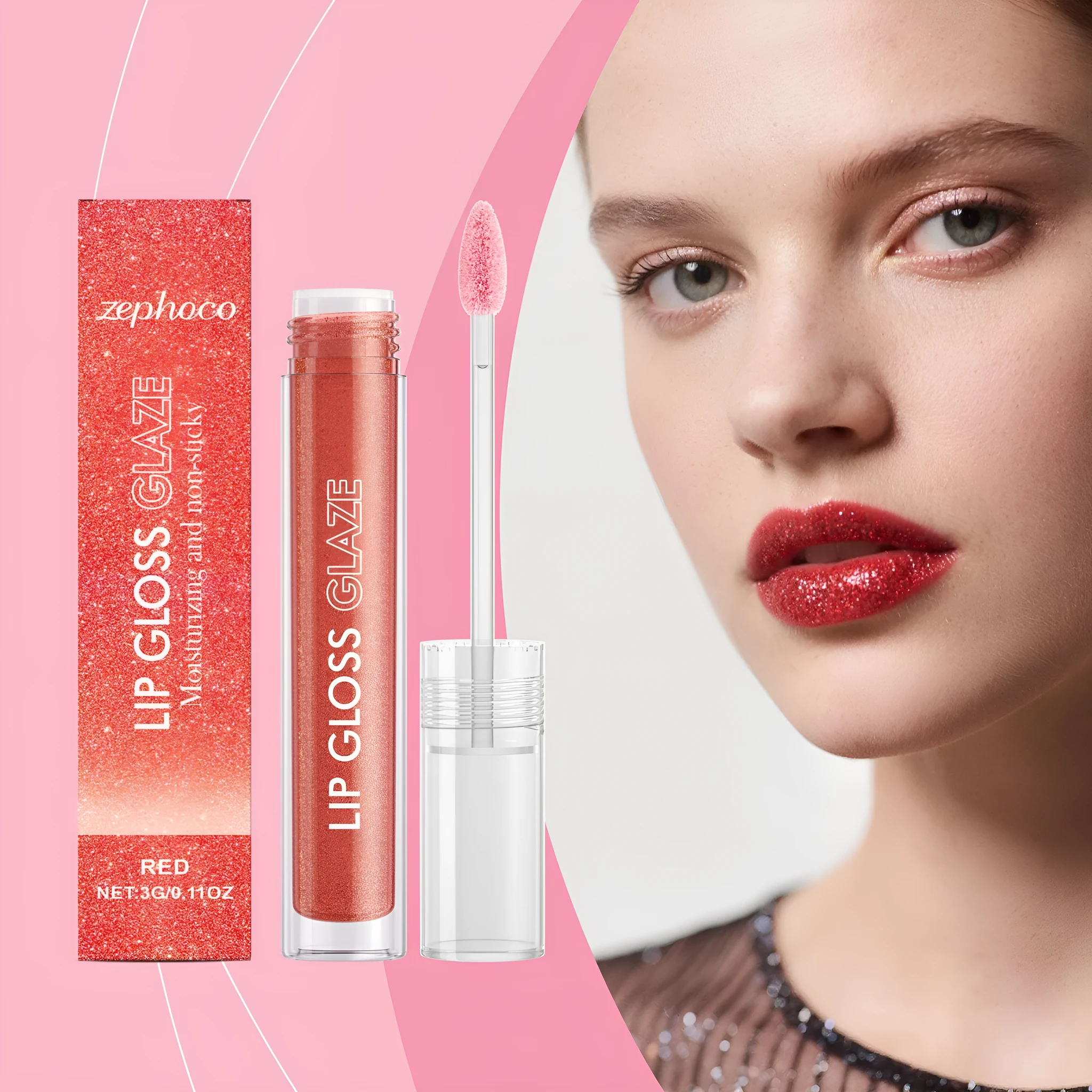 Red moisturising fine glitter lip gloss 3g tube with wand applicator