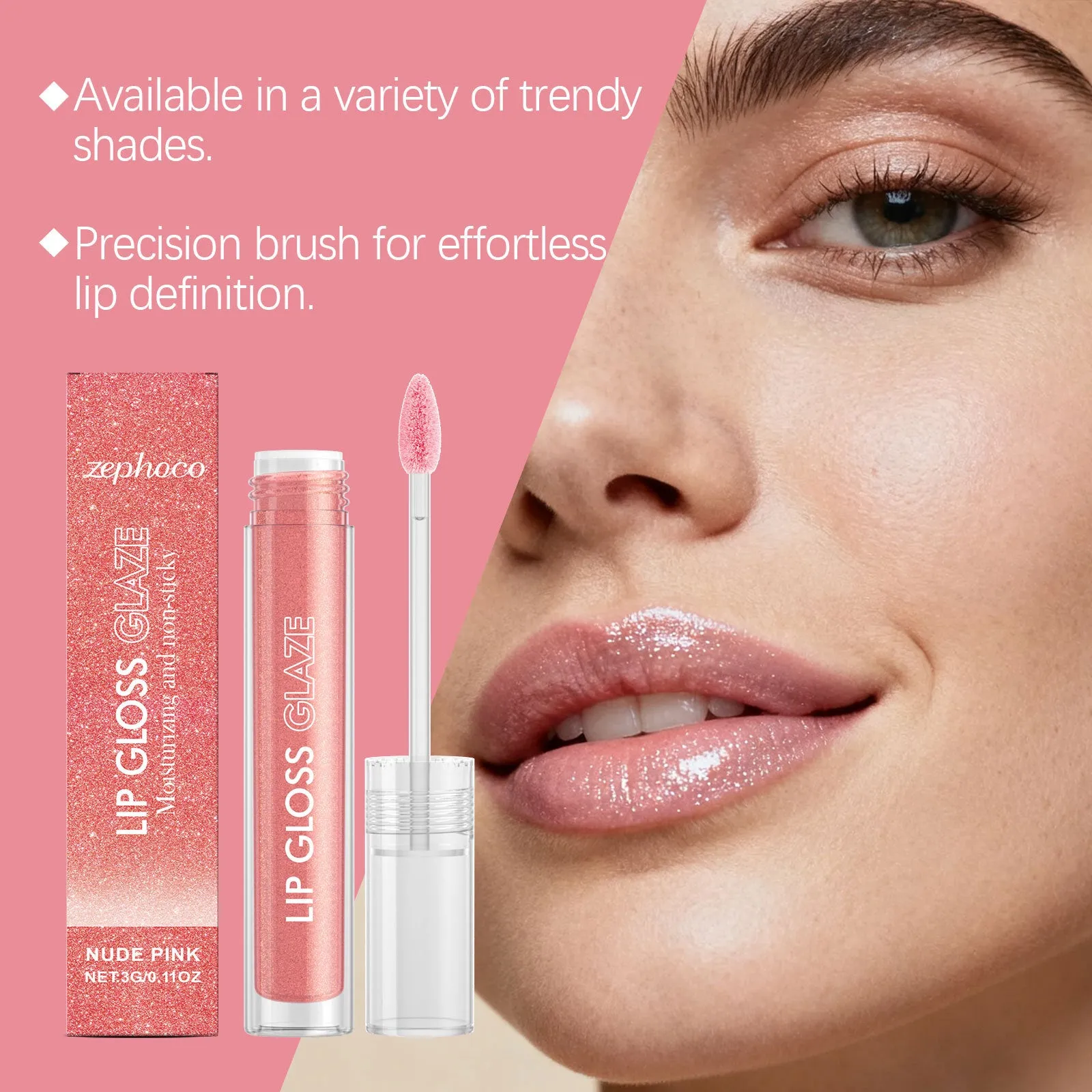 Moisturising fine glitter lip gloss in a compact 3g tube with subtle shimmer finish and shea butter formula