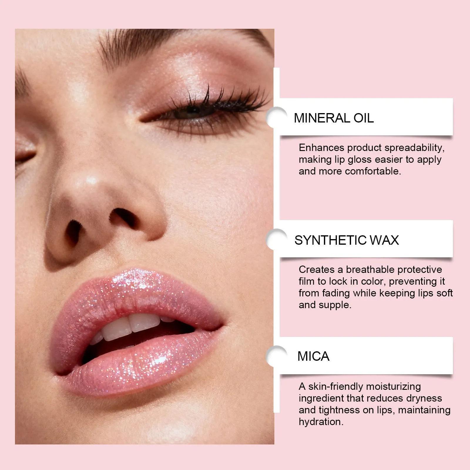 Moisturising fine glitter lip gloss in a compact 3g tube with subtle shimmer finish and shea butter formula