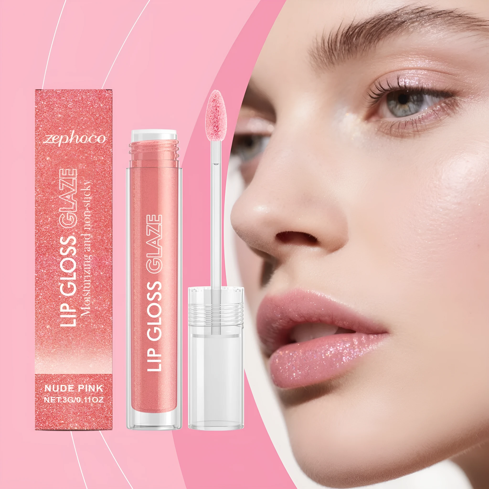 Moisturising fine glitter lip gloss in a compact 3g tube with subtle shimmer finish and shea butter formula