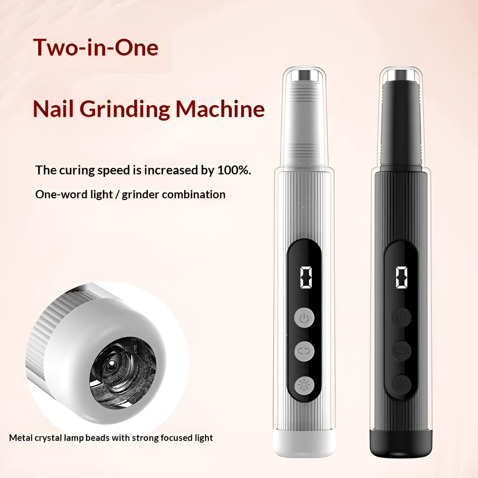 2-in-1 electric nail grinder with LED light, handheld rechargeable, in blush pink with corn head set