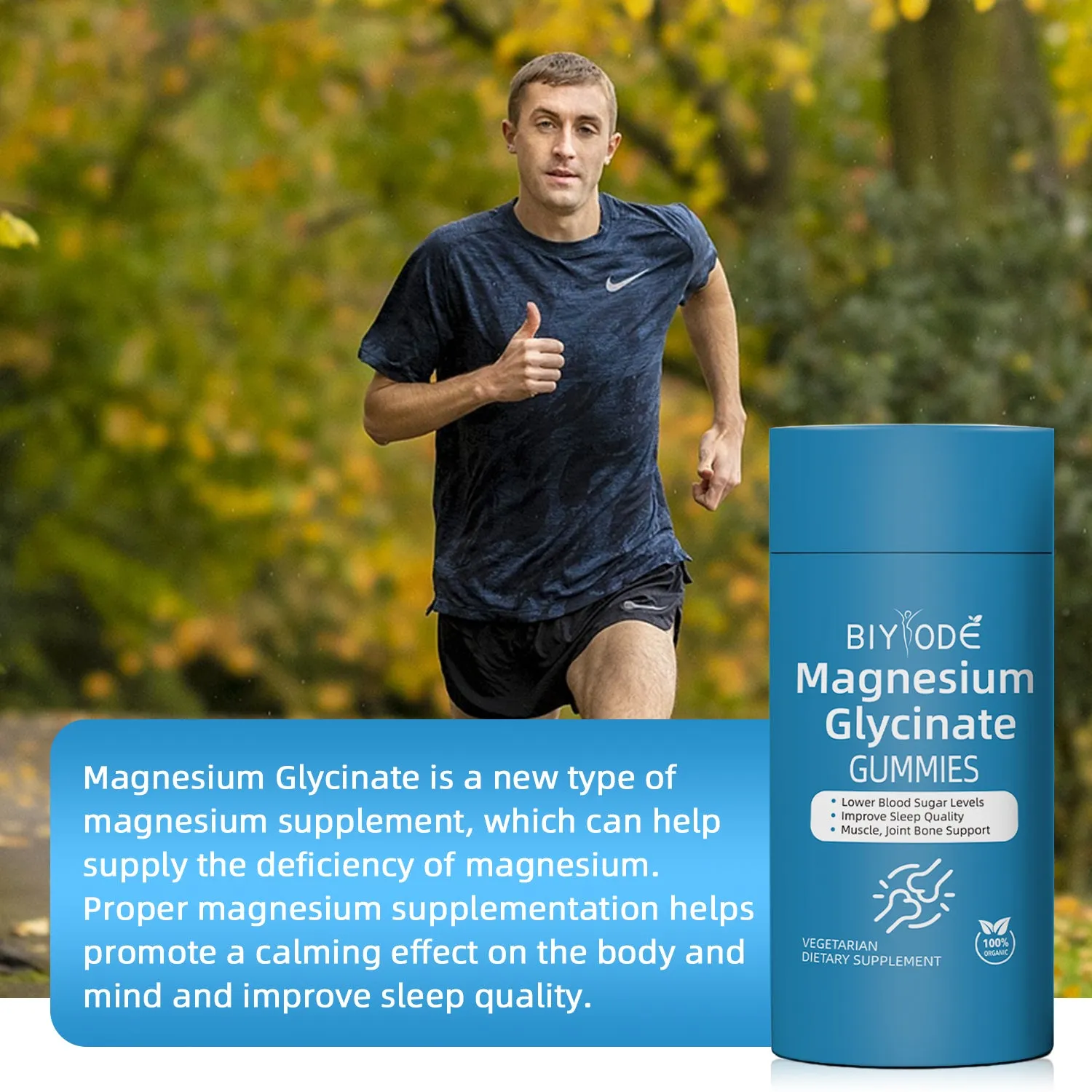 Bottle of Biyode magnesium glycinate gummies 60 count for immune mood and muscle support