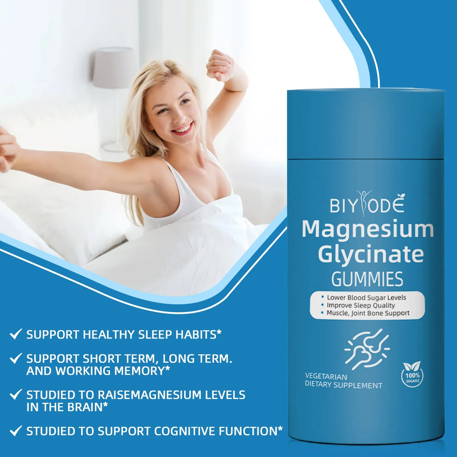 Bottle of Biyode magnesium glycinate gummies 60 count for immune mood and muscle support