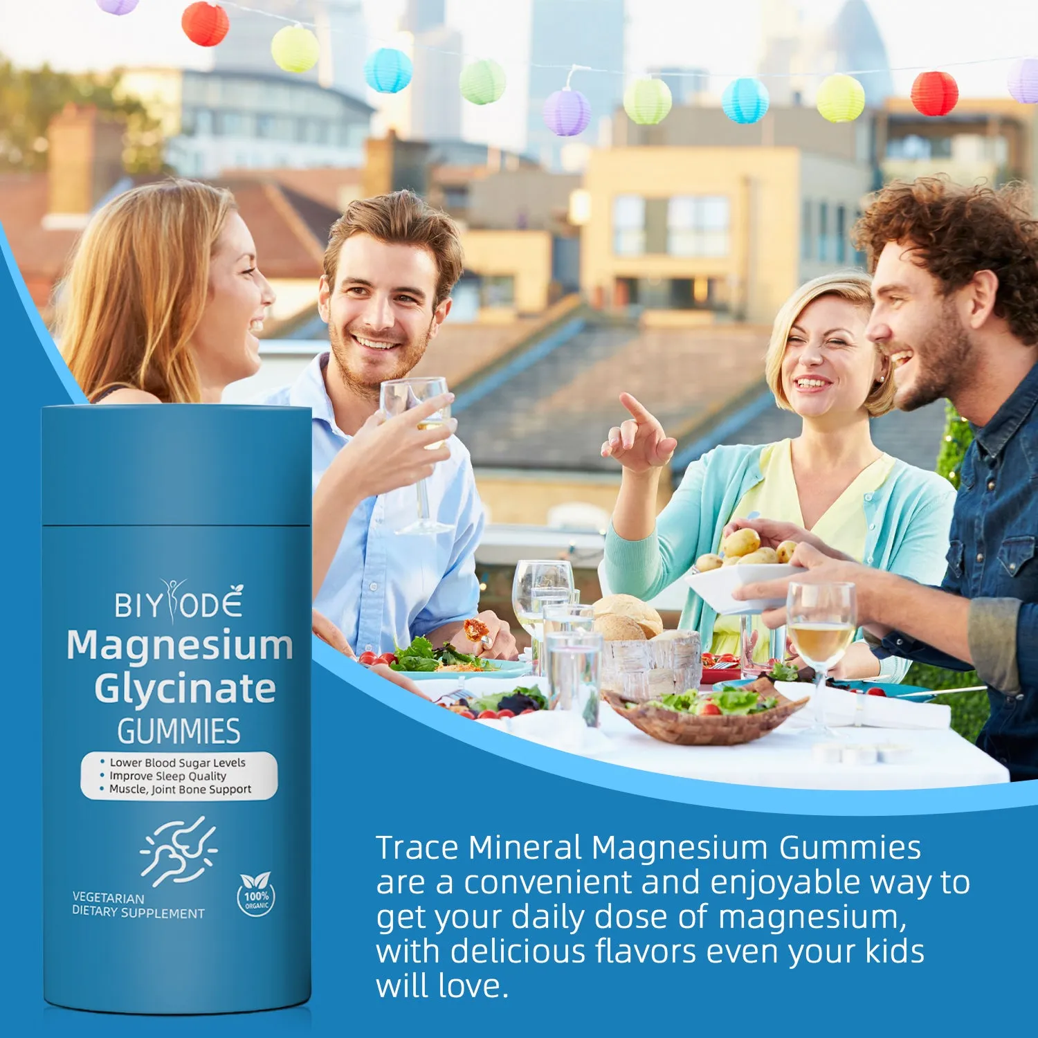 Bottle of Biyode magnesium glycinate gummies 60 count for immune mood and muscle support