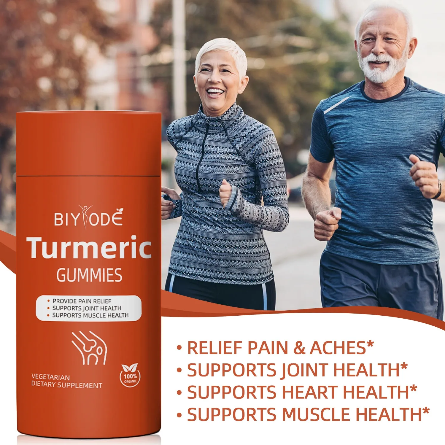Bottle of organic turmeric gummies 60 count for immune support by biyode