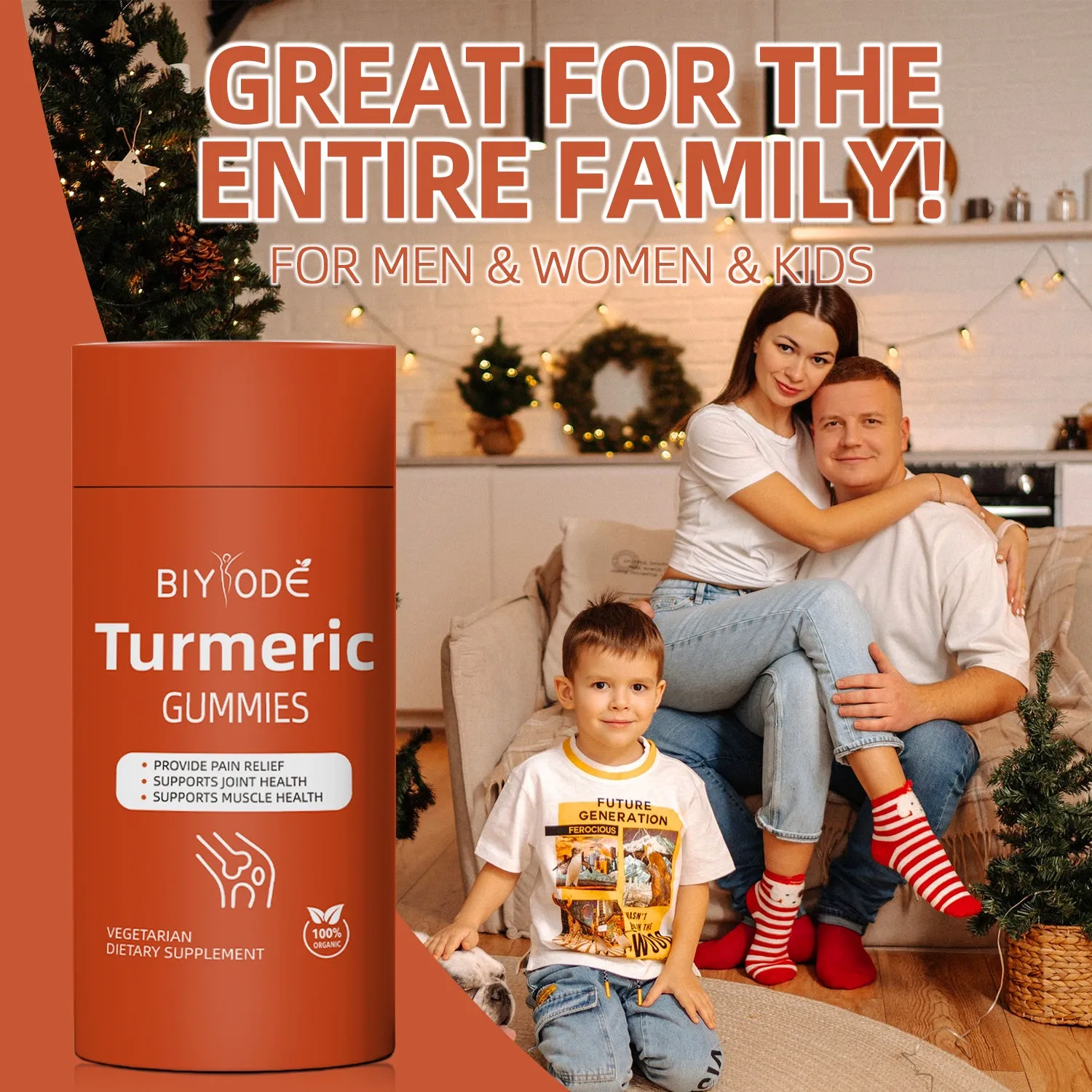 Bottle of organic turmeric gummies 60 count for immune support by biyode