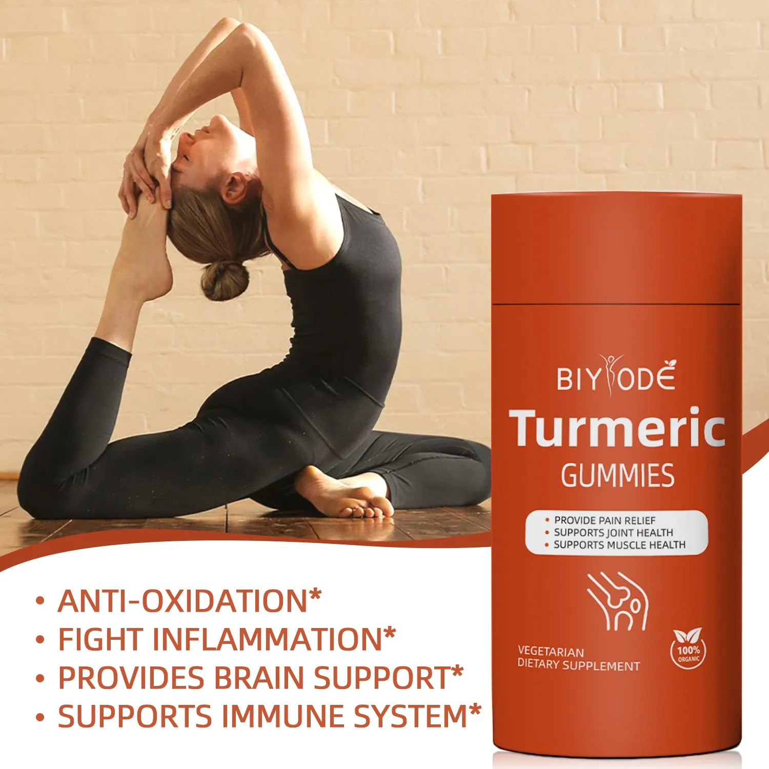 Bottle of organic turmeric gummies 60 count for immune support by biyode