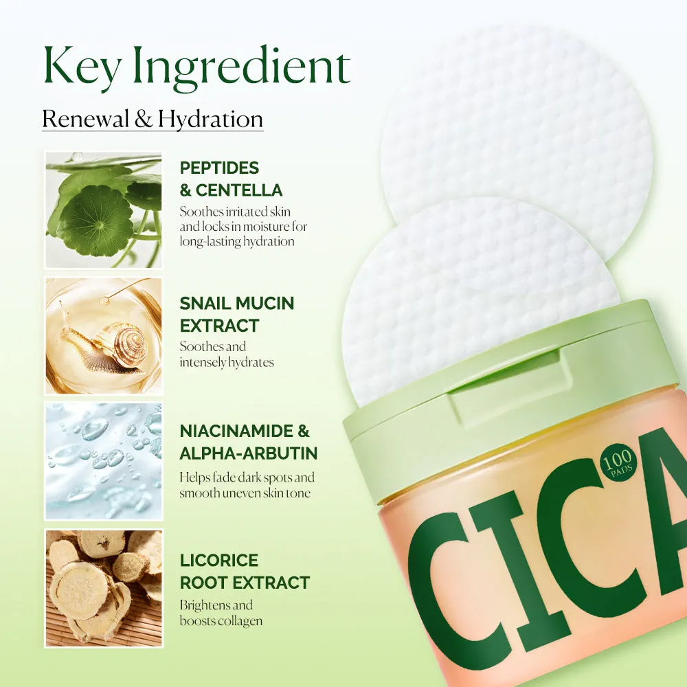 Pack of 100 centella asiatica cleansing and skincare toner pads for dark spots