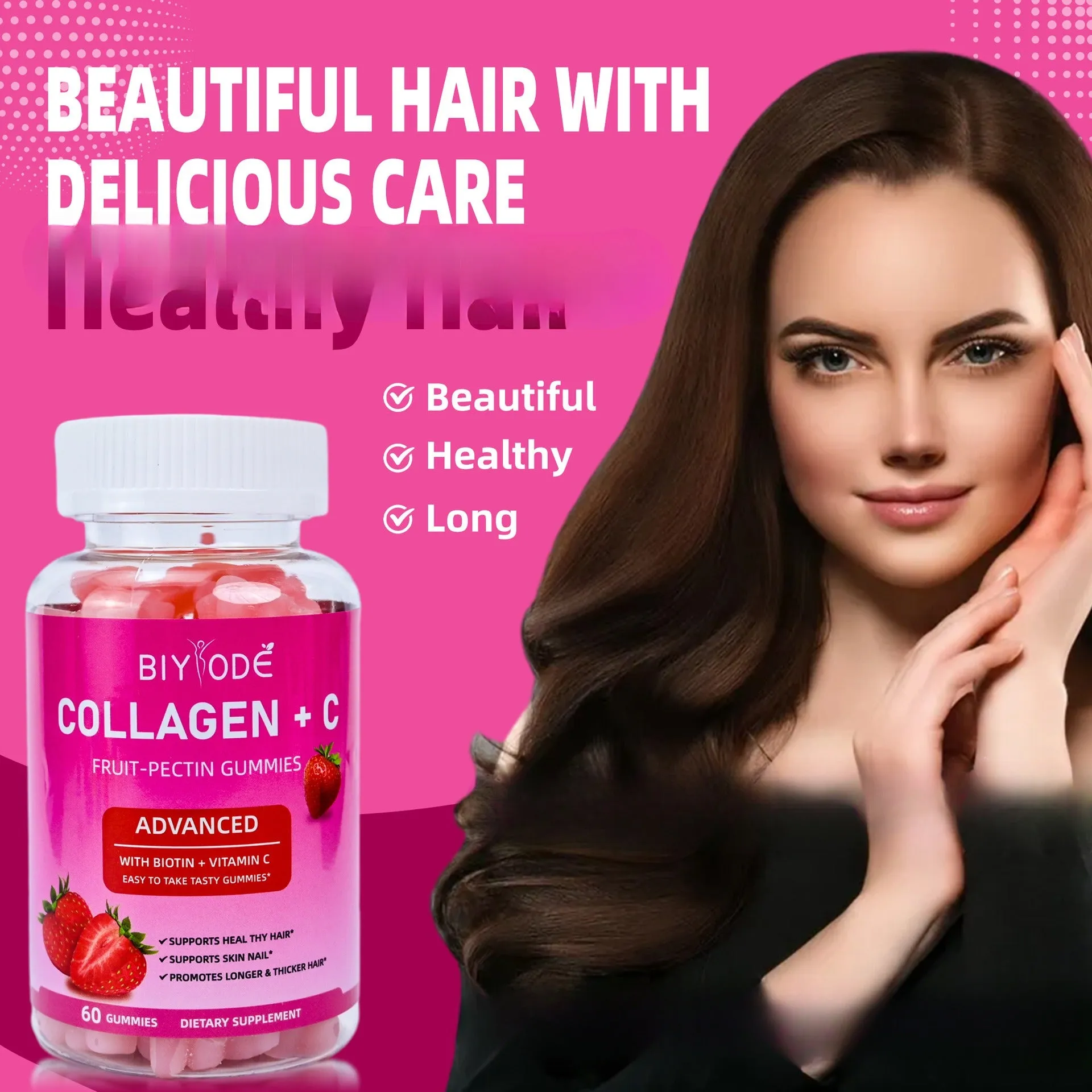 Bottle of Vitamin C Biotin Collagen Gummies for Women, 60 soft candy pieces per bottle