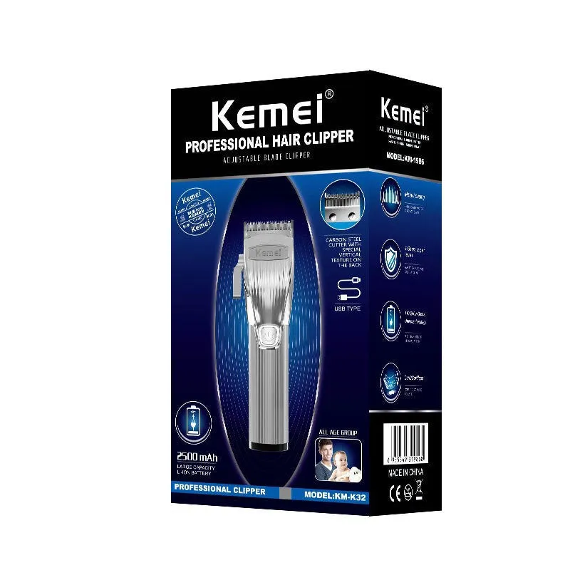 Noise-reducing electric clipper KM-K32 with eight limiting combs, USB cable, cleaning brush, and lubricant for quiet oil head carving