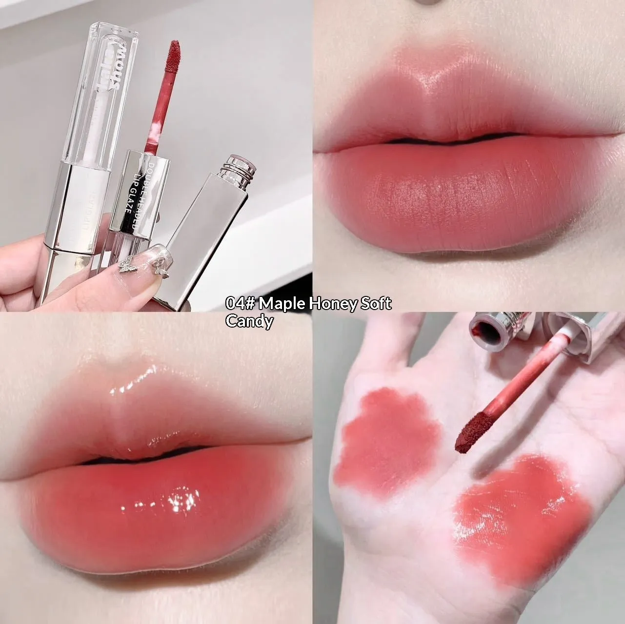 Double-ended matte velvet lip gloss set with five shades: Raspberry Sweet Peach, Candied Tomato, Cold Brew Oolong, Maple Honey Soft Candy, Peach Monroe
