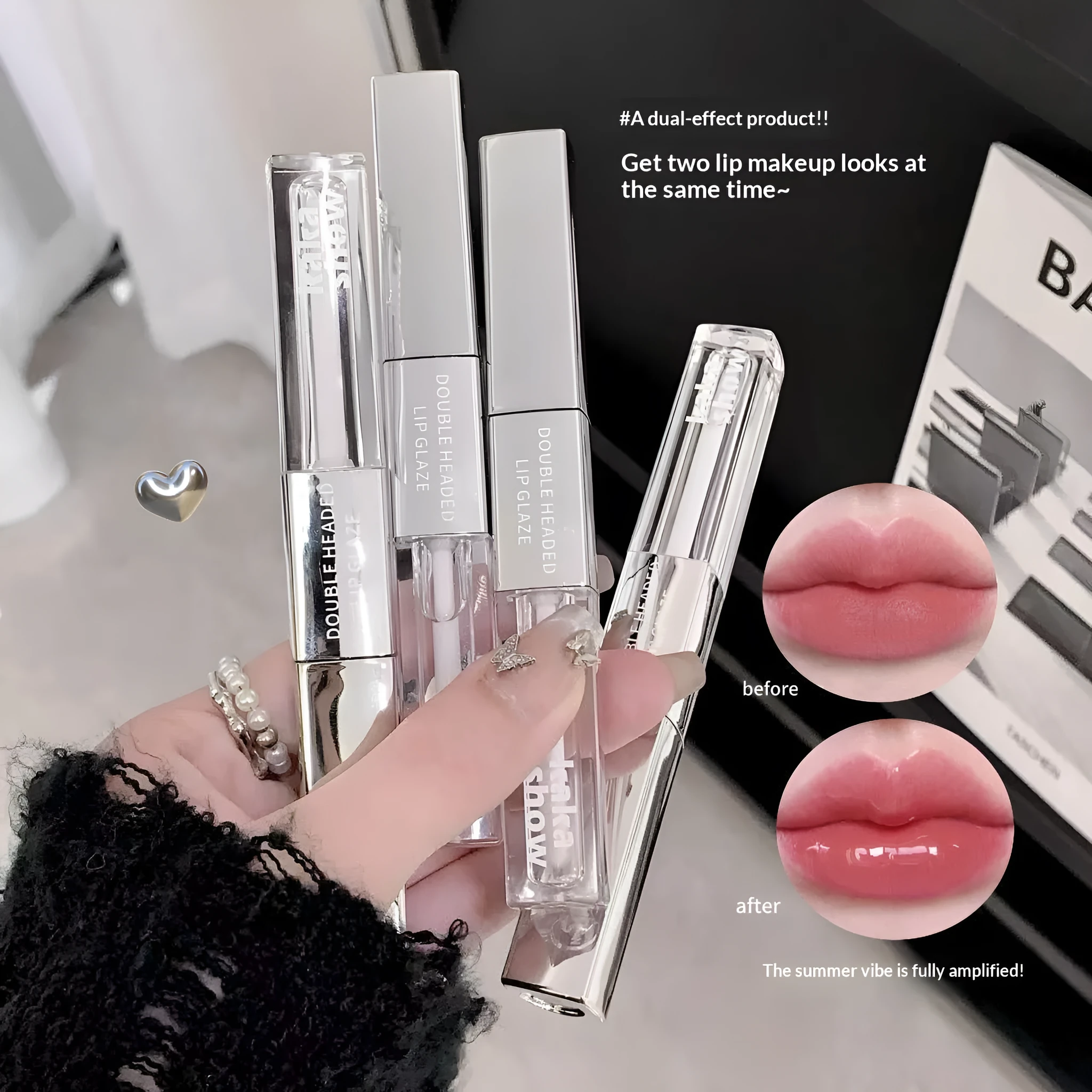 Double-ended matte velvet lip gloss set with five shades: Raspberry Sweet Peach, Candied Tomato, Cold Brew Oolong, Maple Honey Soft Candy, Peach Monroe