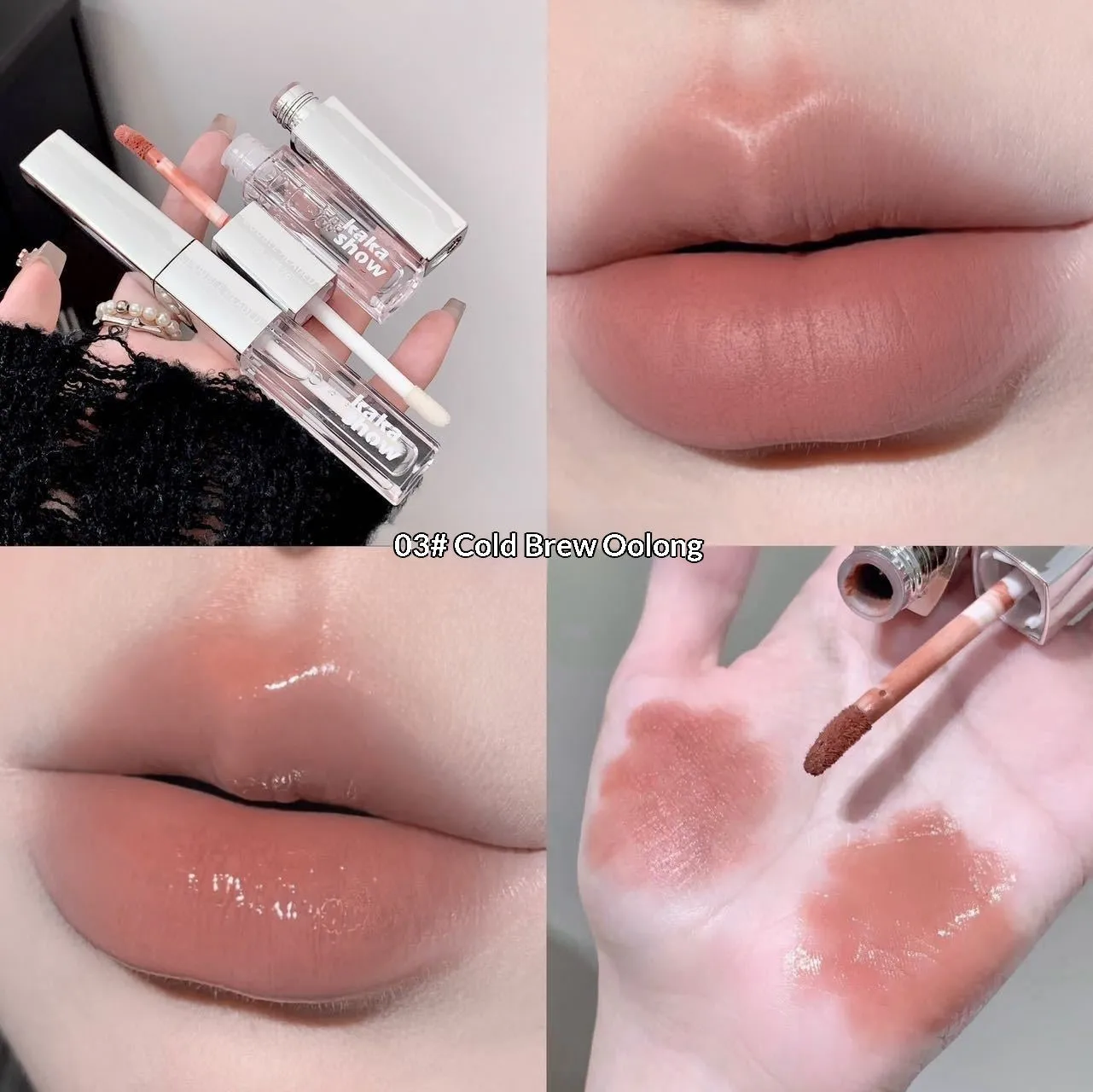 Double-ended matte velvet lip gloss set with five shades: Raspberry Sweet Peach, Candied Tomato, Cold Brew Oolong, Maple Honey Soft Candy, Peach Monroe