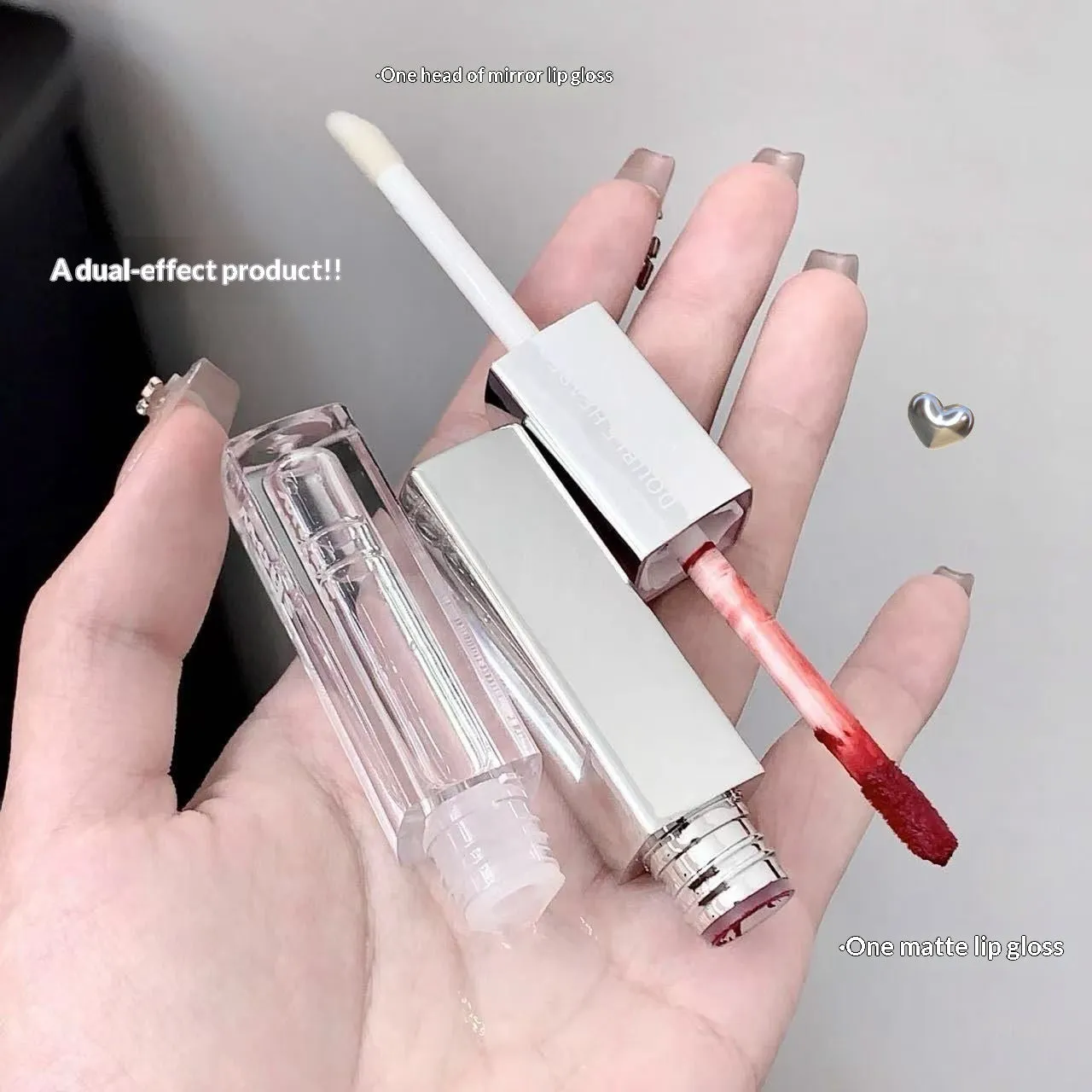 Double-ended matte velvet lip gloss set with five shades: Raspberry Sweet Peach, Candied Tomato, Cold Brew Oolong, Maple Honey Soft Candy, Peach Monroe