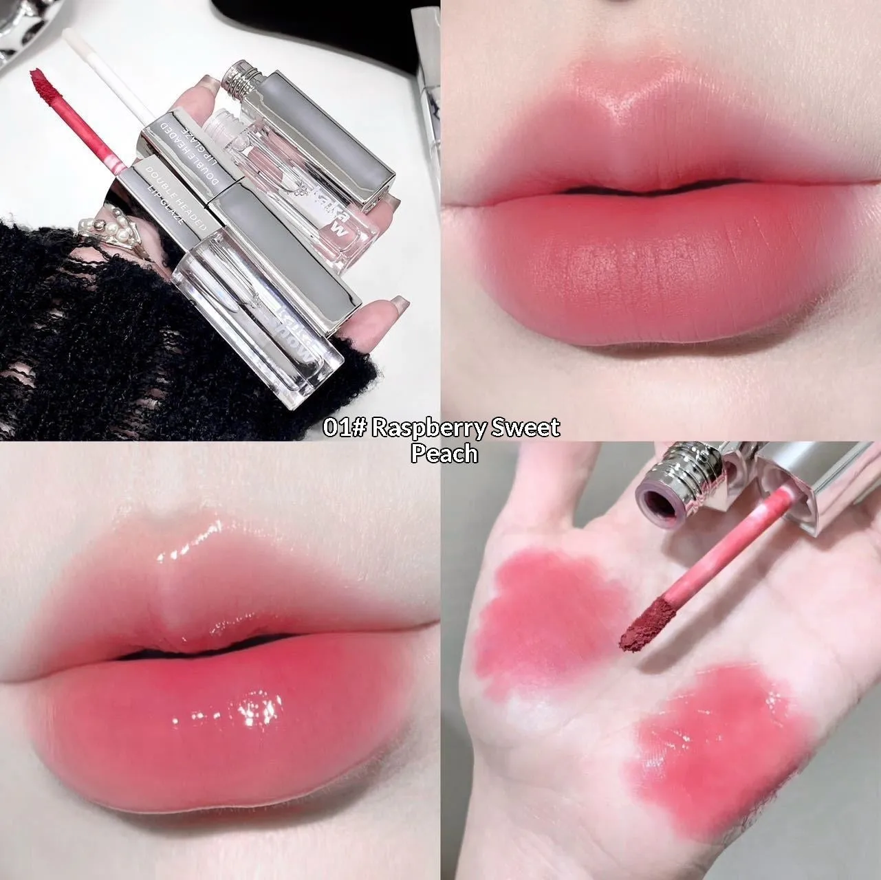 Double-ended matte velvet lip gloss set with five shades: Raspberry Sweet Peach, Candied Tomato, Cold Brew Oolong, Maple Honey Soft Candy, Peach Monroe