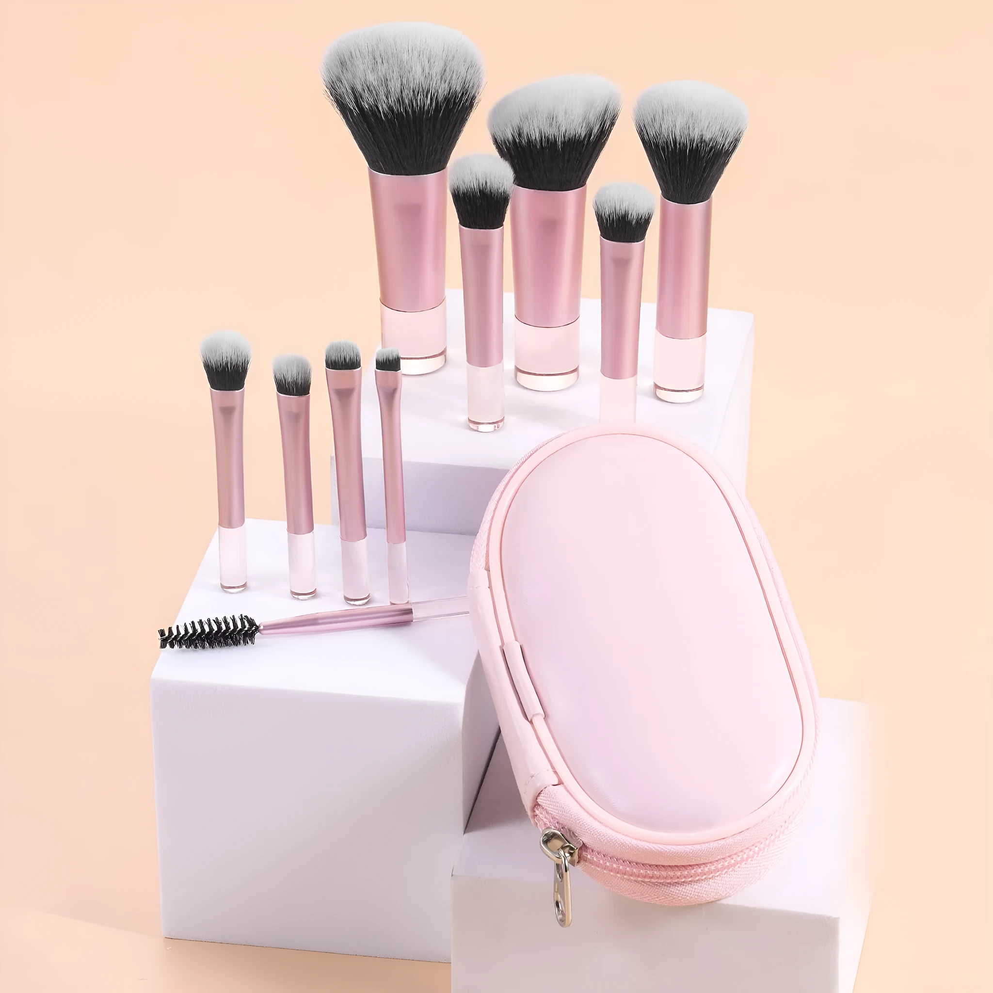 10-piece makeup brush set with fibre bristles, aluminium tubes, and crystal handles, plus a storage bag