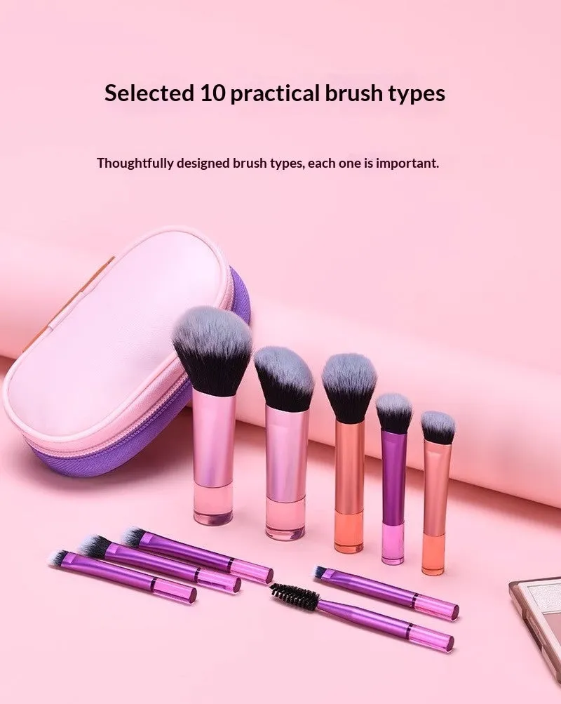 10-piece makeup brush set with fibre bristles, aluminium tubes, and crystal handles, plus a storage bag