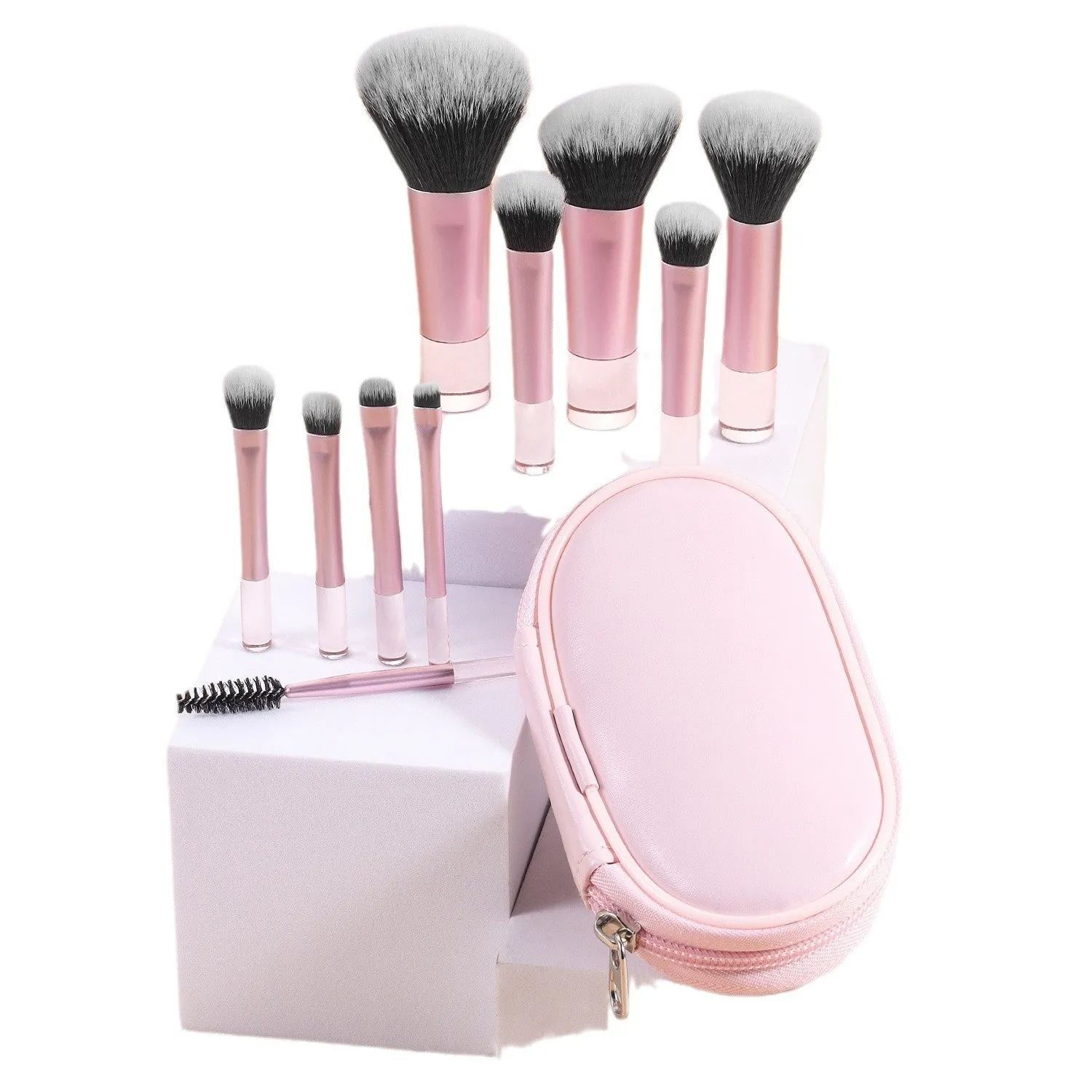 10-piece makeup brush set with fibre bristles, aluminium tubes, and crystal handles, plus a storage bag