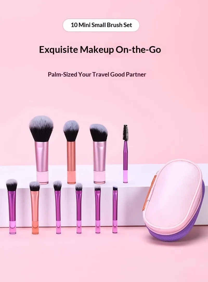 10-piece makeup brush set with fibre bristles, aluminium tubes, and crystal handles, plus a storage bag