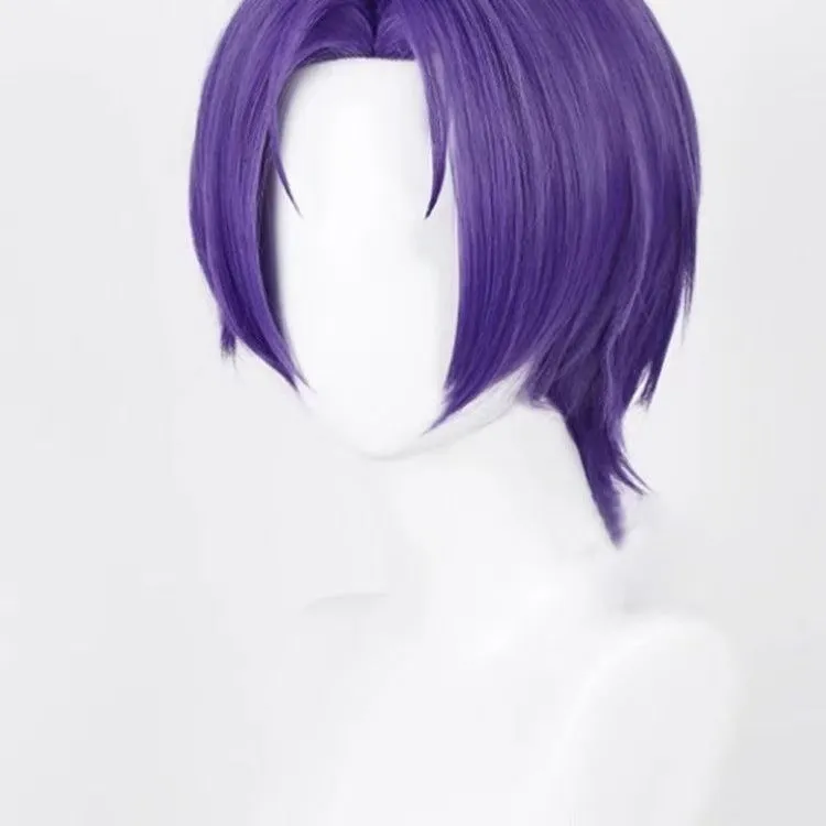 Purple short straight high temperature fibre cosplay wig on a mannequin head