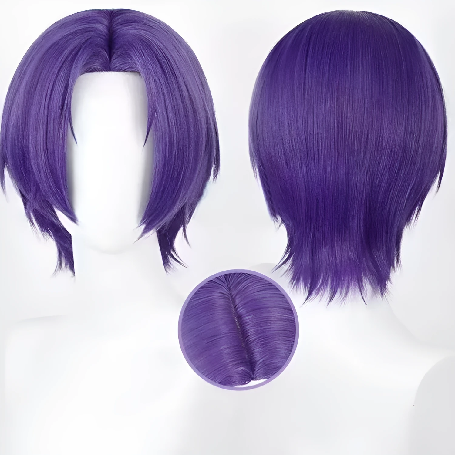 Purple short straight high temperature fibre cosplay wig on a mannequin head
