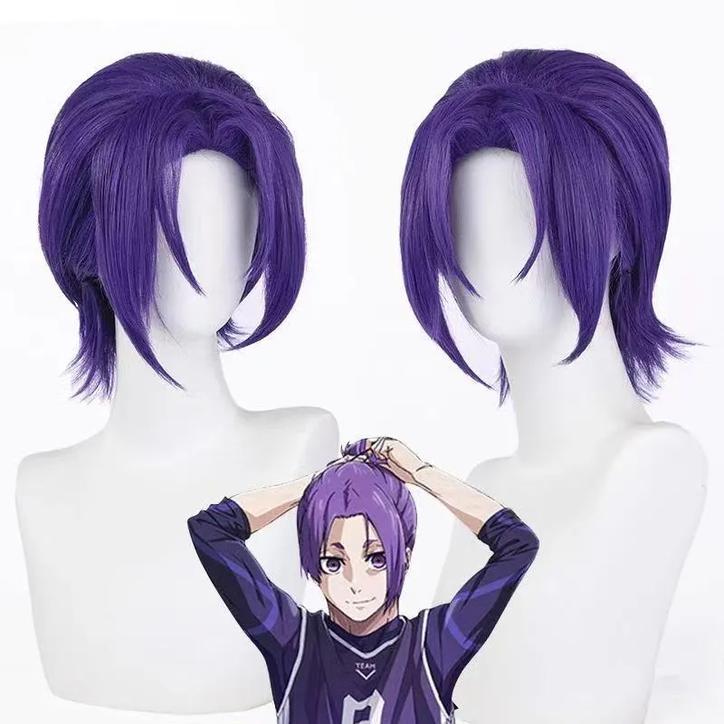 Purple short straight high temperature fibre cosplay wig on a mannequin head
