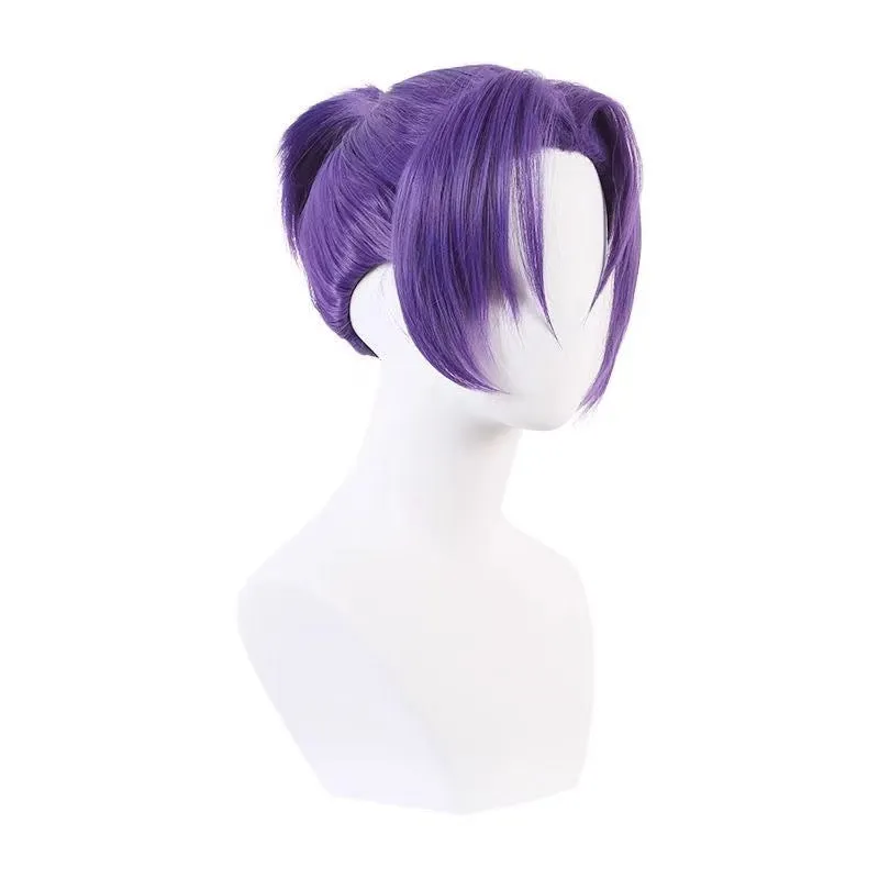 Purple short straight high temperature fibre cosplay wig on a mannequin head