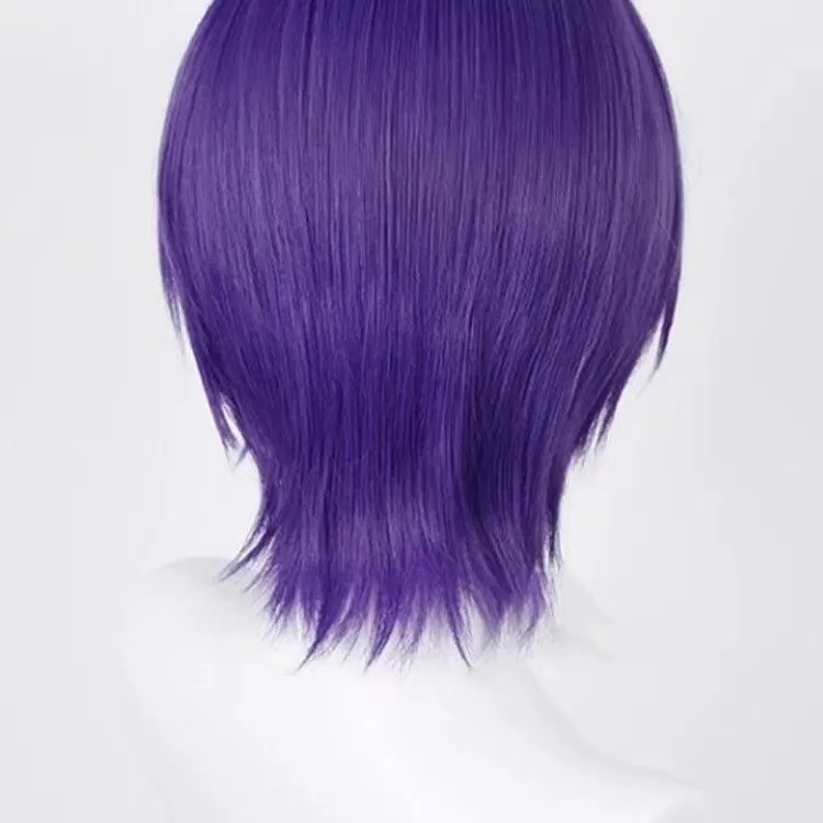 Purple short straight high temperature fibre cosplay wig on a mannequin head