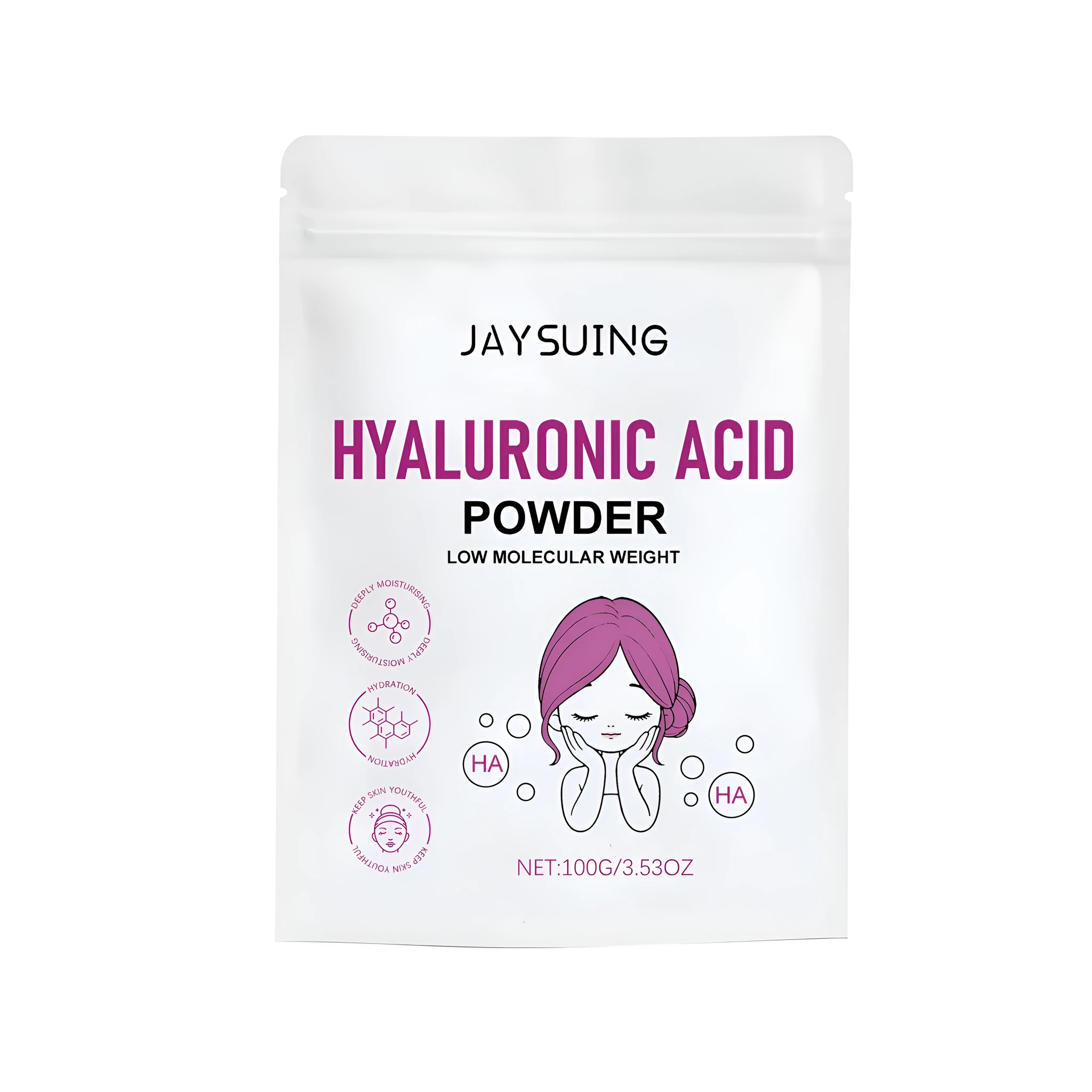 A jar of 100g hyaluronic acid powder for DIY skincare, shown with a sheet mask.