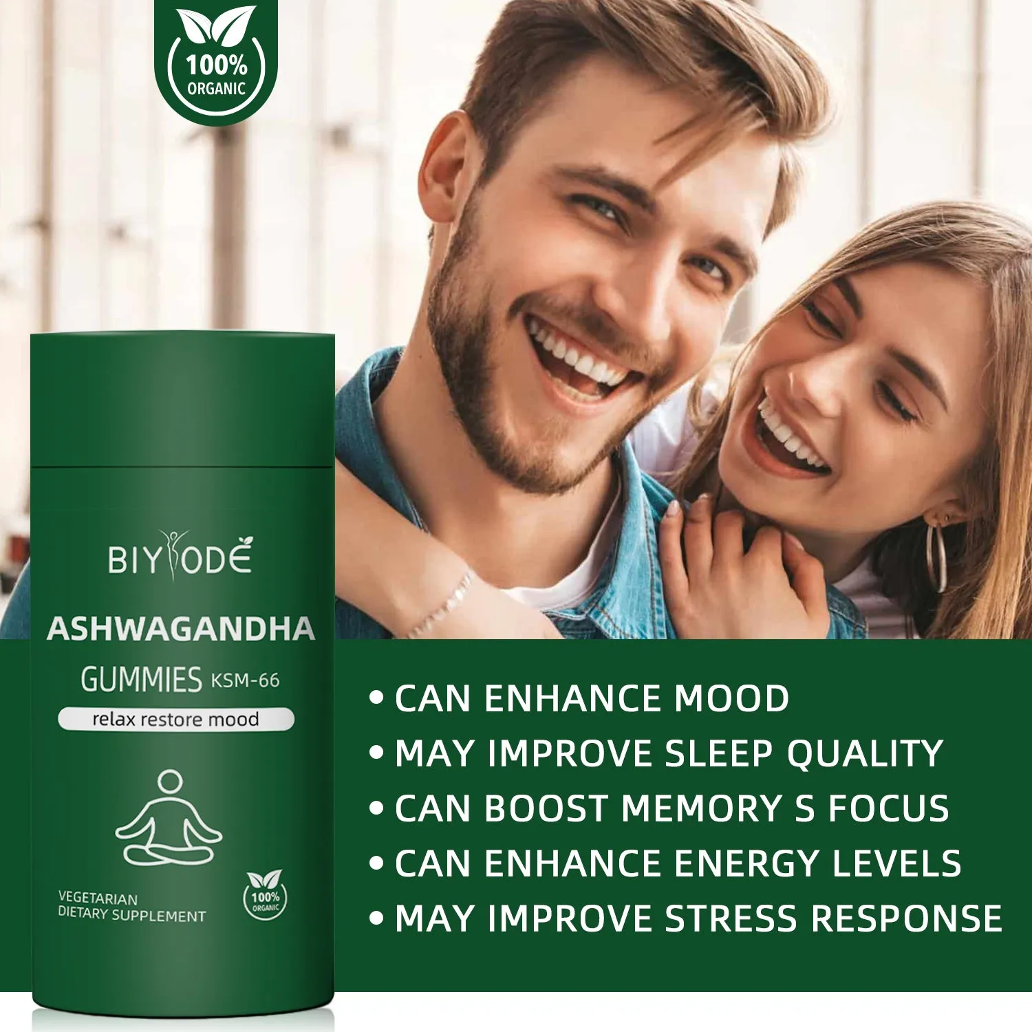 Bottle of ashwagandha gummies for immune support sleep and mood health 60 count natural vegan gluten-free