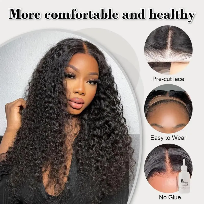 Glueless deep wave lace wig 13x4 K silk long straight black hair with bangs on mannequin