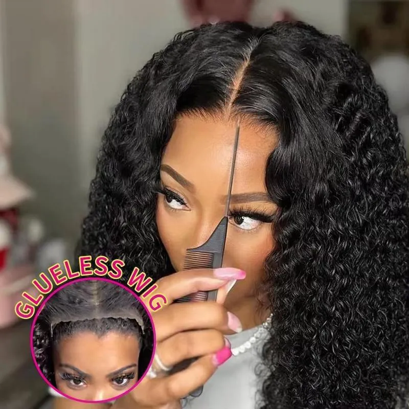 Glueless deep wave lace wig 13x4 K silk long straight black hair with bangs on mannequin