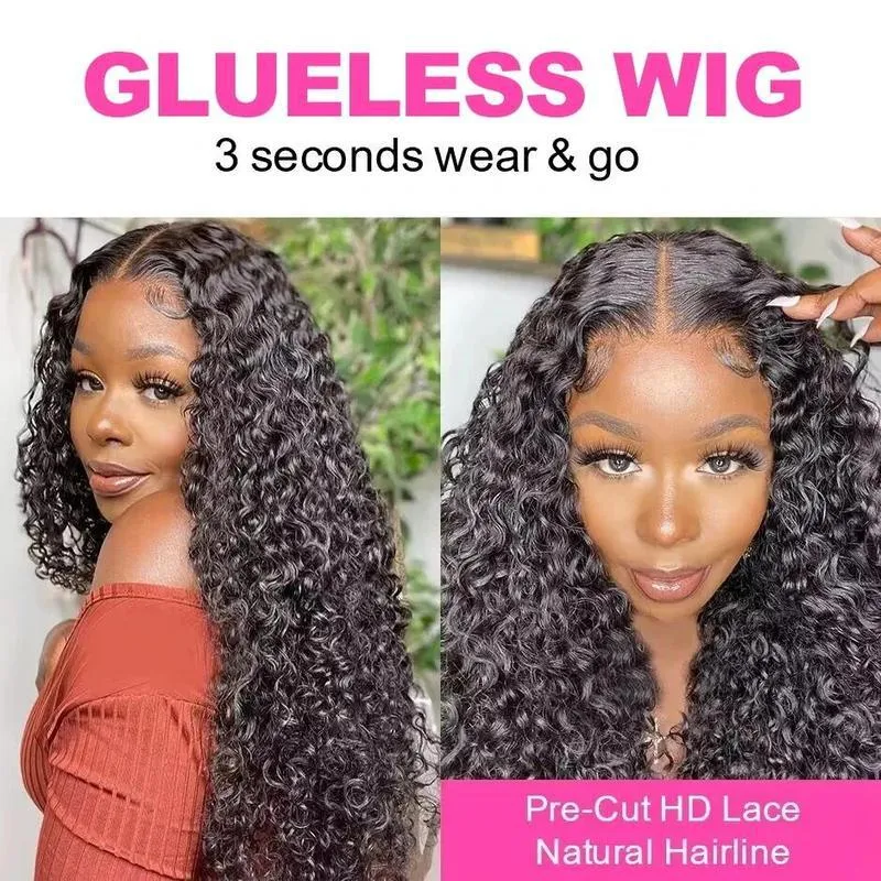 Glueless deep wave lace wig 13x4 K silk long straight black hair with bangs on mannequin