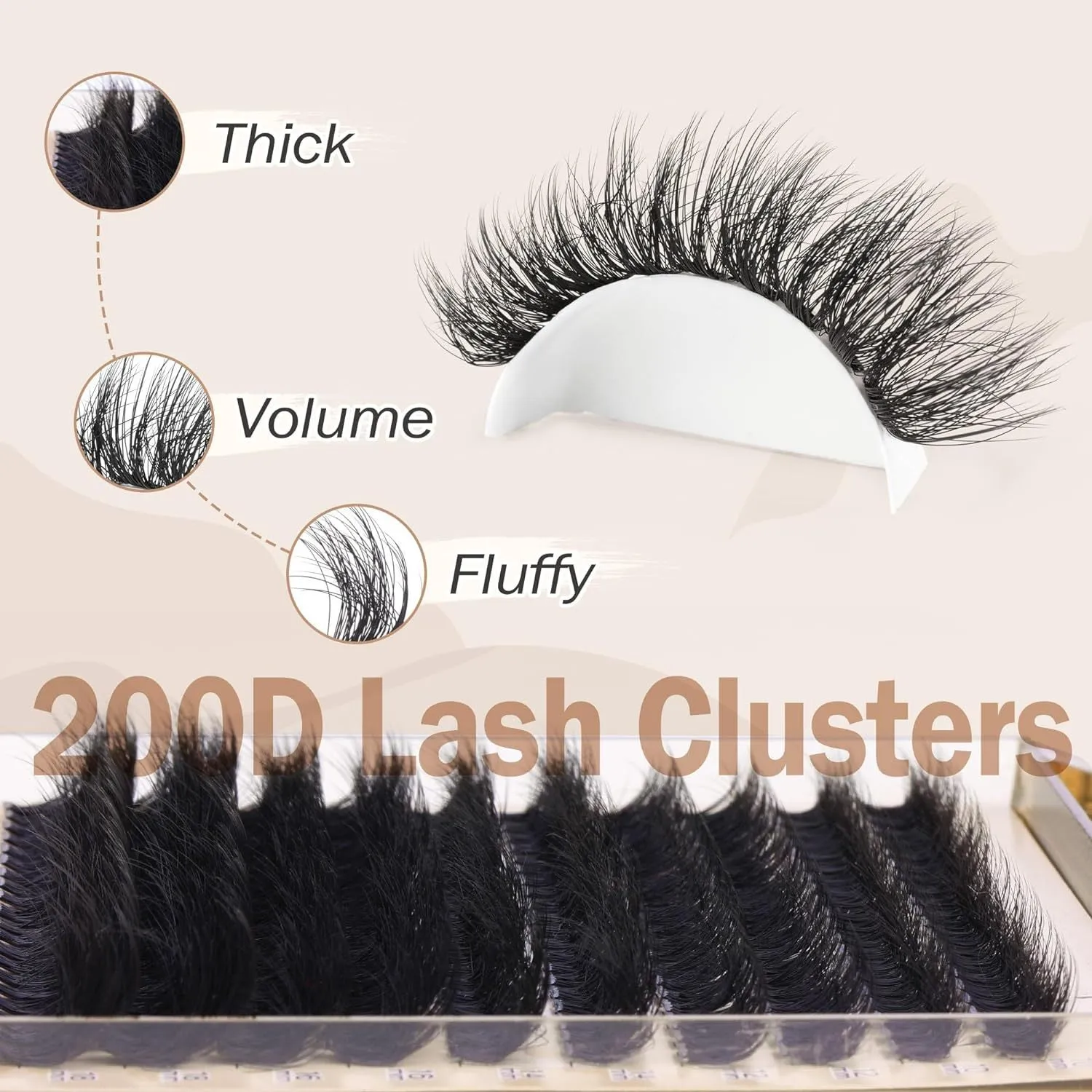 Fluffy faux mink segmented eyelashes 200D high-grade fibre on white background