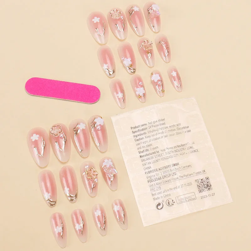 Gold silk butterfly nail tips with flower patterns and gradient gilding in medium drop shape