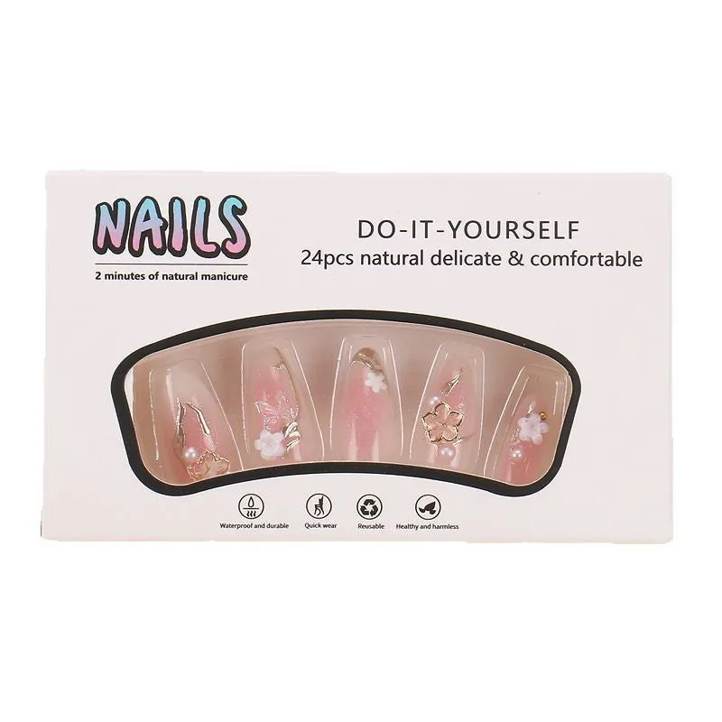 Gold silk butterfly nail tips with flower patterns and gradient gilding in medium drop shape