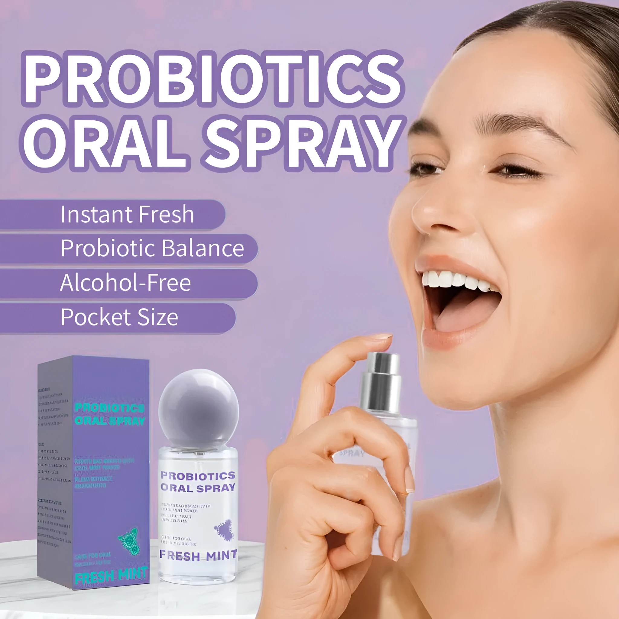 Portable probiotic oral spray 20ml in a white bottle with blue cap on a clean background