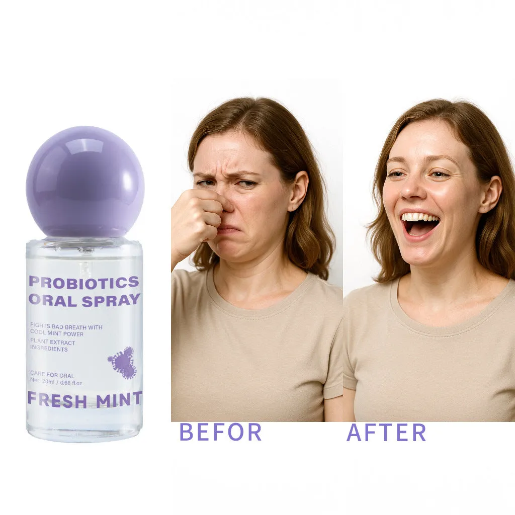 Portable probiotic oral spray 20ml in a white bottle with blue cap on a clean background