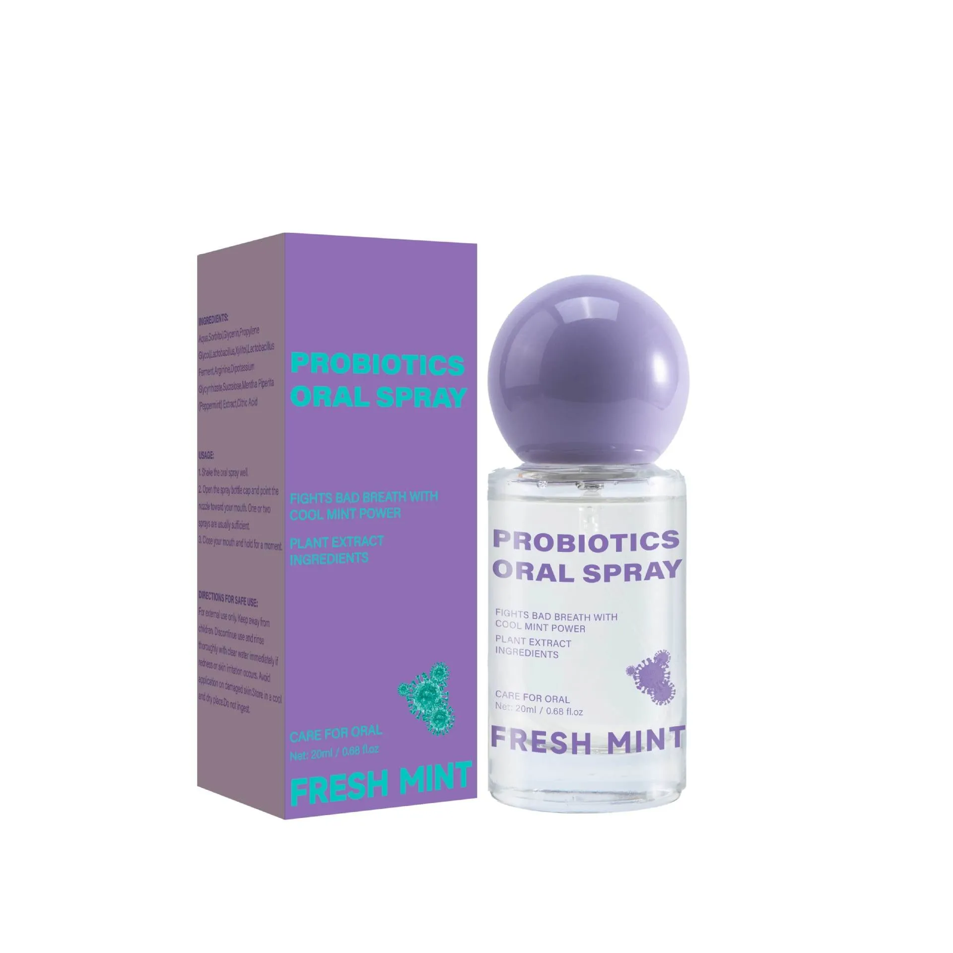 Portable probiotic oral spray 20ml in a white bottle with blue cap on a clean background