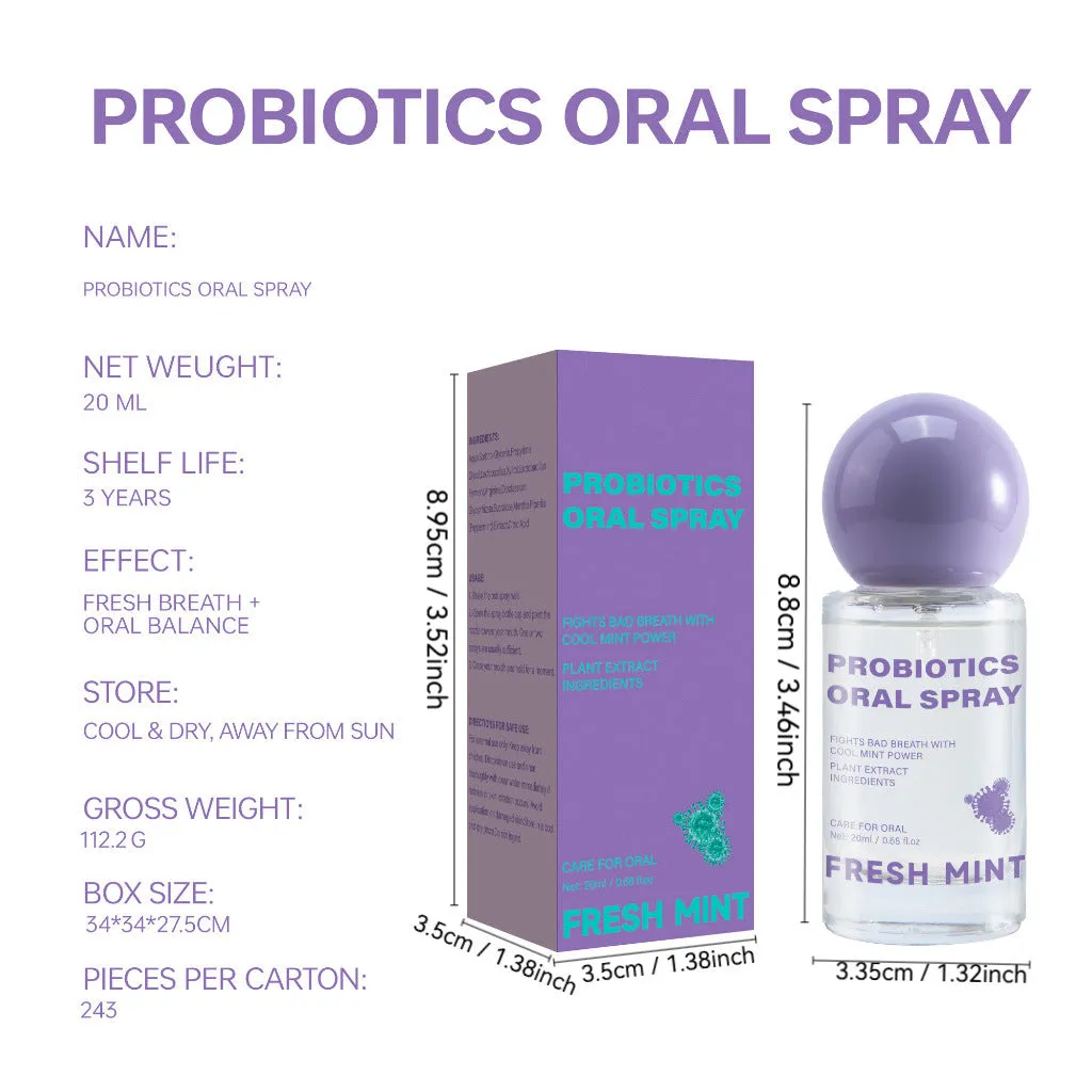 Portable probiotic oral spray 20ml in a white bottle with blue cap on a clean background