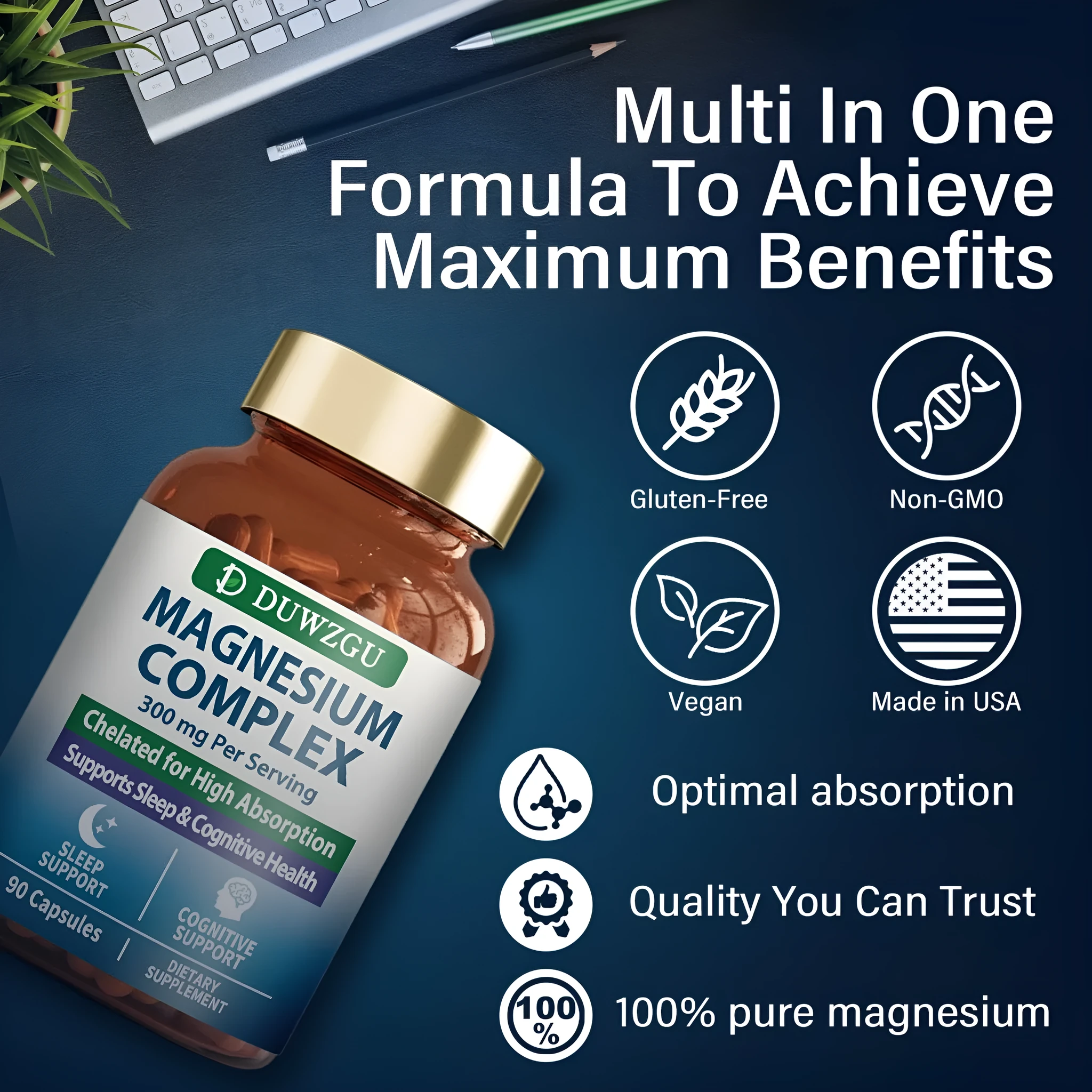 Bottle of Zinc Magnesium Complex Capsules 90 capsules on white background, supplement label visible