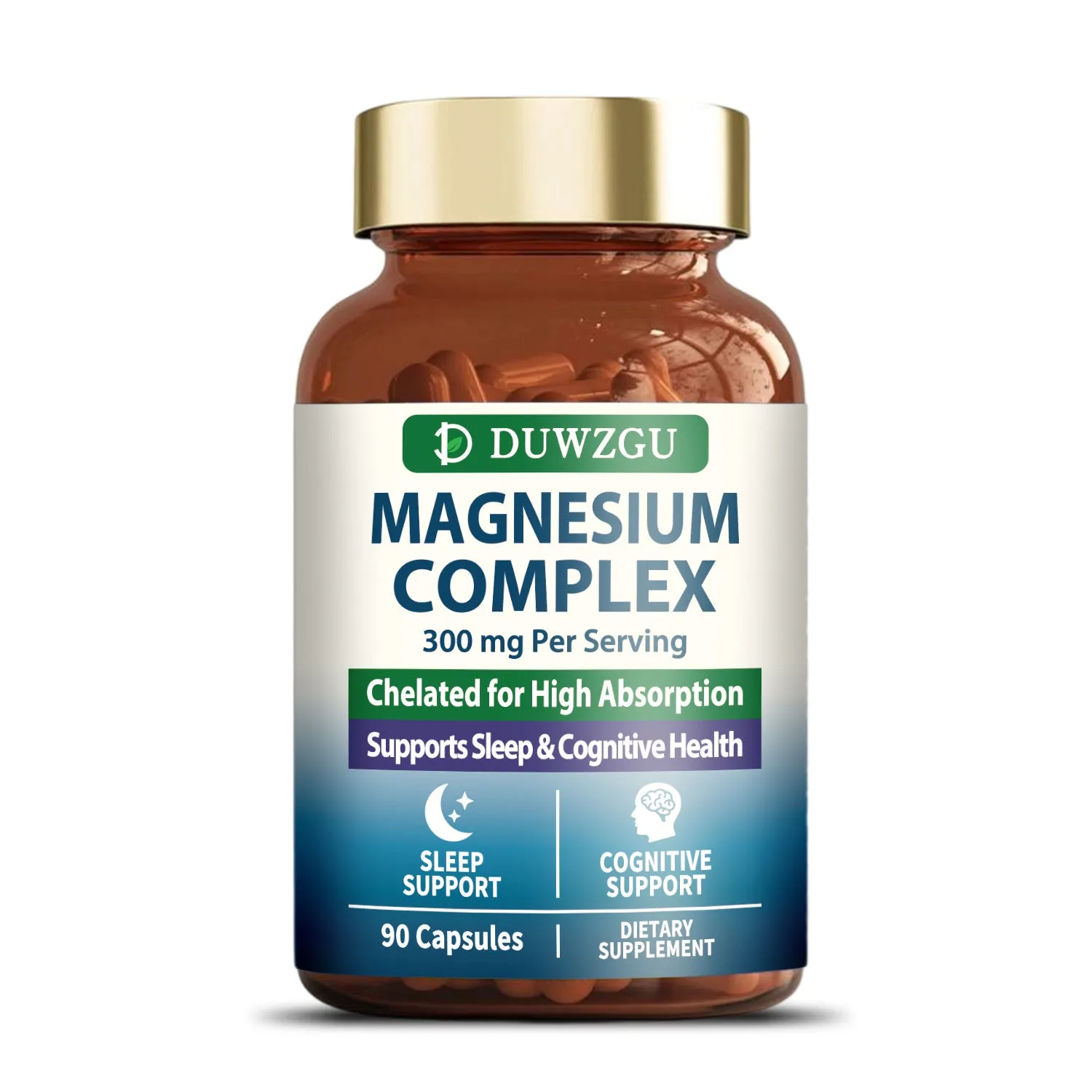 Bottle of Zinc Magnesium Complex Capsules 90 capsules on white background, supplement label visible