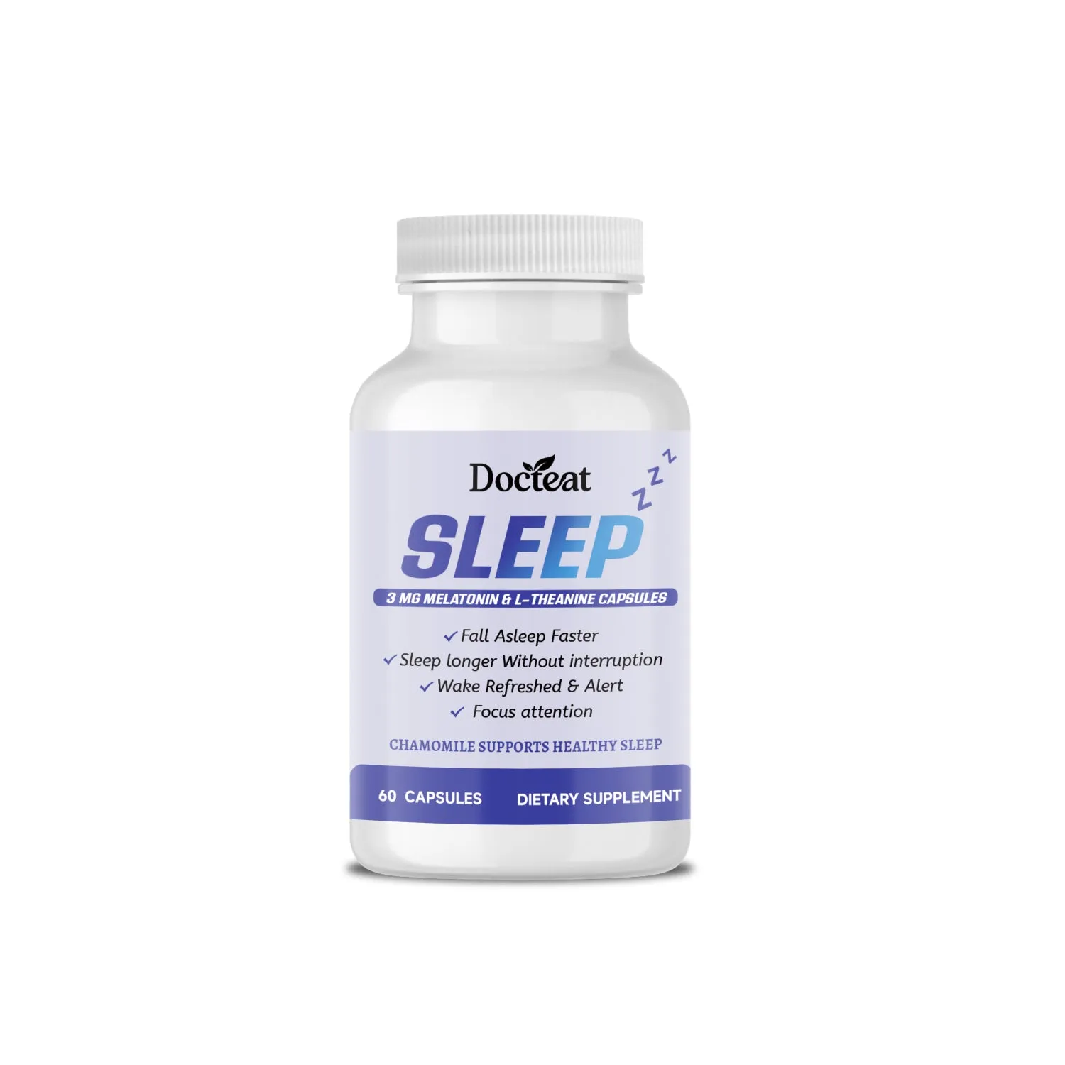 Bottle of sleep support capsules with L-theanine and melatonin, 60 capsules.
